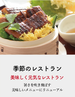 サンパーク吉井季節のレストランメニュー うなぎのせいろ蒸し御膳1980円 ぶっかけうどん膳1250円 サンパーク特製幕内ランチ1760円 イカ刺し丼とミニ天ぷら御膳2200円 ミニ天丼と梅そば御膳1430円 ブラックカレー1100円 ブラックカツカレー1650円